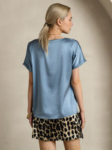 [Graublau] SilkSilky-DE 19Momme Kurzärmelig U-Boot-Ausschnitt T-Shirt 002