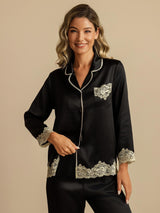 [Schwarz] SilkSilky-DE Langärmelig Damen Pyjamas 007