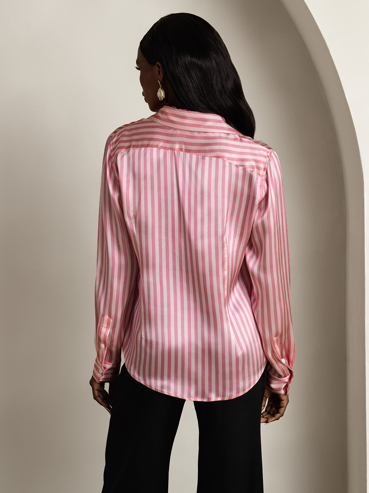 [Rosa Streifen] SilkSilky-DE Long Sleeve Lapel Collar Damenhemd 002