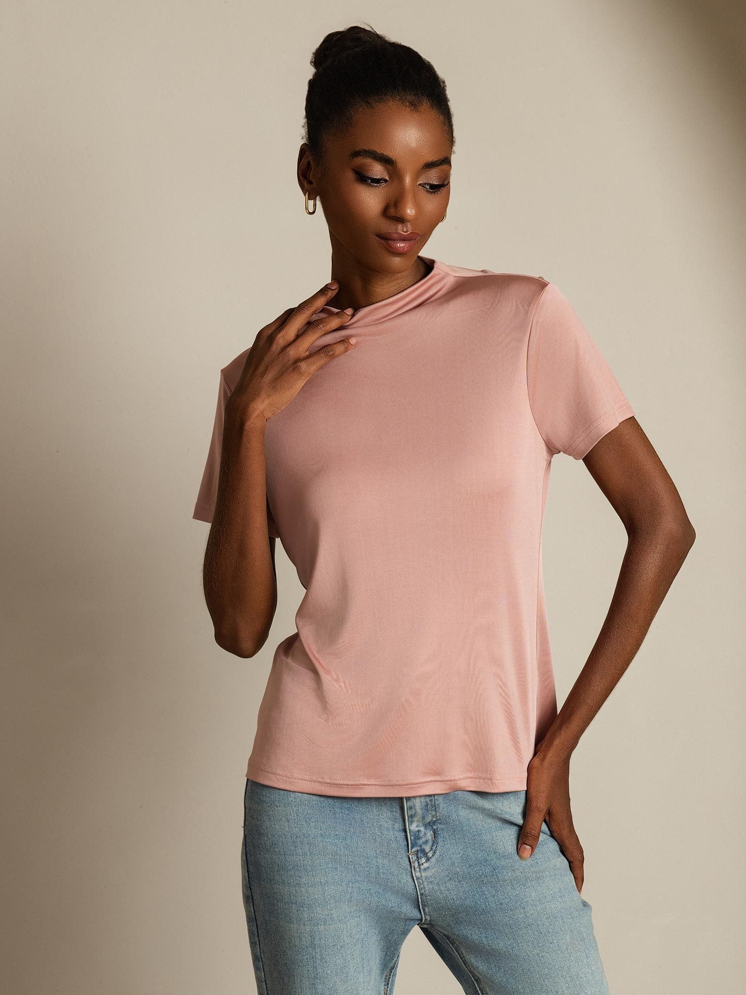 [Rosa] SilkSilky-DE Reine Seide Umlegekragen T-Shirt 005