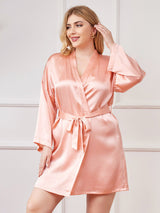 [Rosa] SilkSilky-DE Langärmelig V Ausschnitt Damen Morgenmantel Große Größen 003