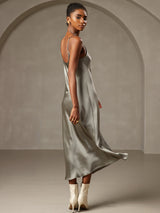 [Graugrün] SilkSilky-DE Sleeveless V Neck Kleider 002