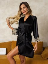 [Schwarz] SilkSilky-DE 3/4 Sleeve Damen Morgenmantel 001