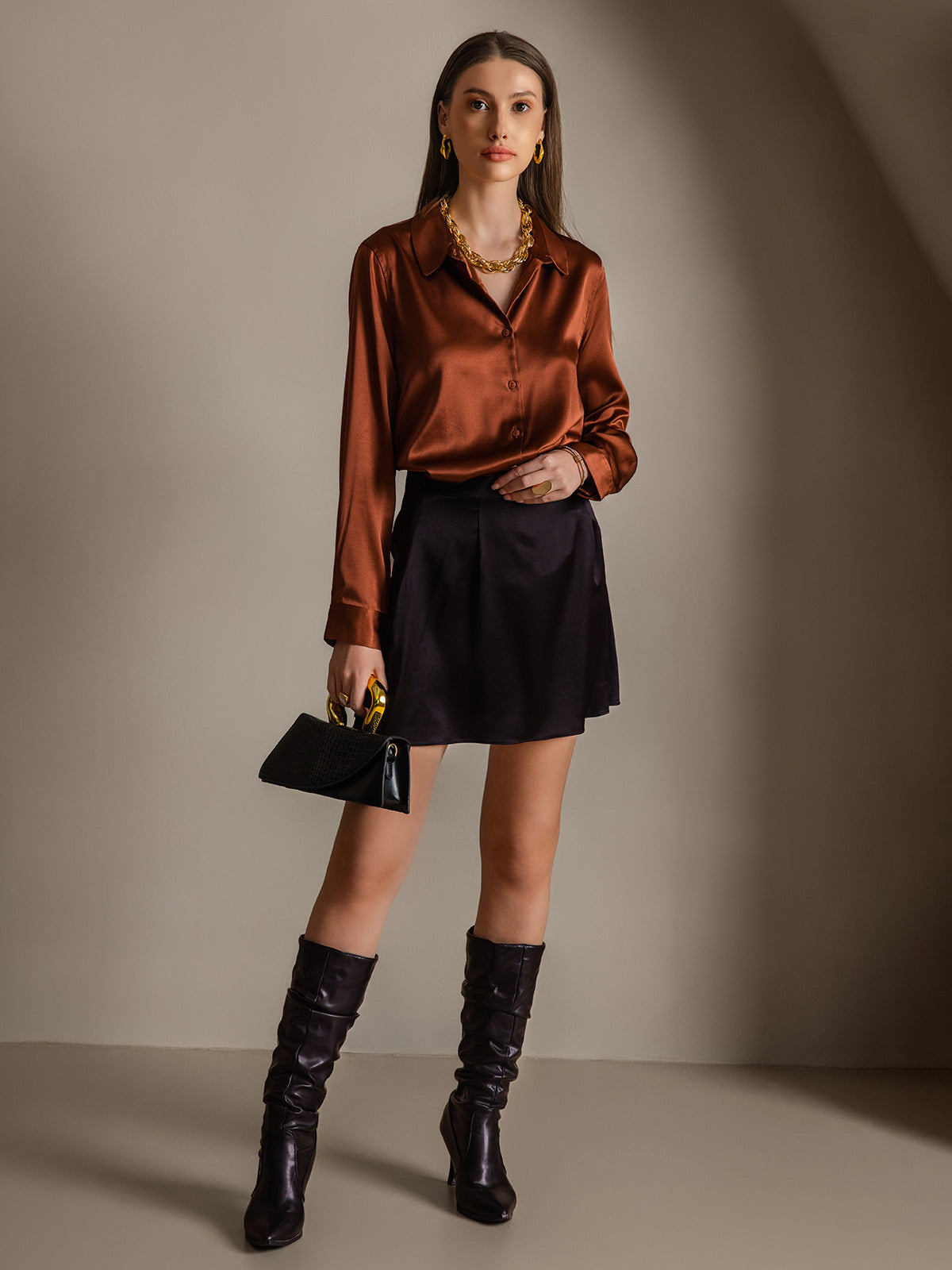 [Karamell] SilkSilky-DE Seide Langärmelig Umlegekragen Damenhemd 005