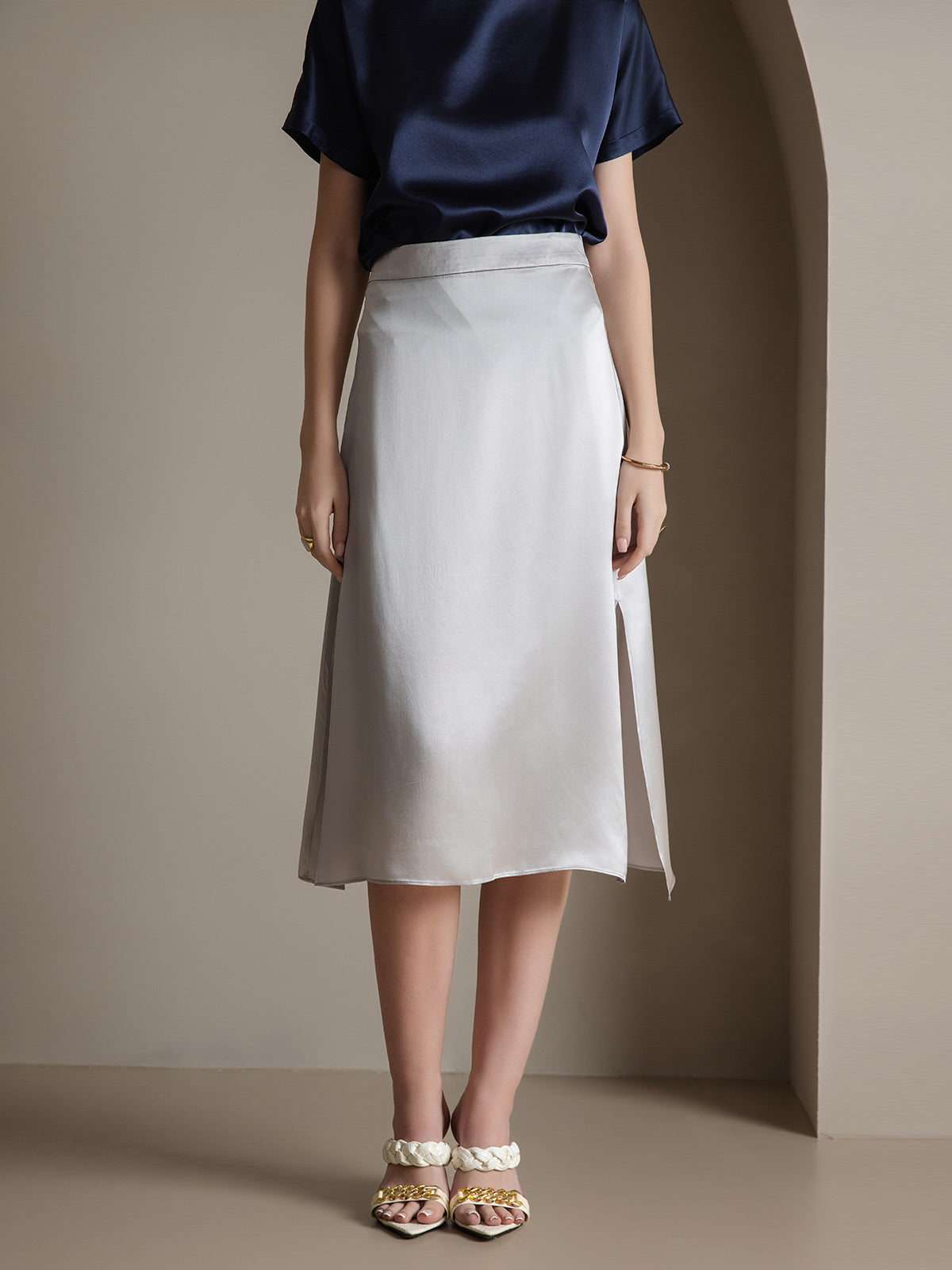 [Hellgrau] SilkSilky-DE 19Momme Seide Skirt 005