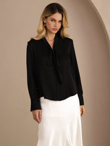 [Schwarz] SilkSilky-DE Long Sleeve Tie Neck Damenblusen 001