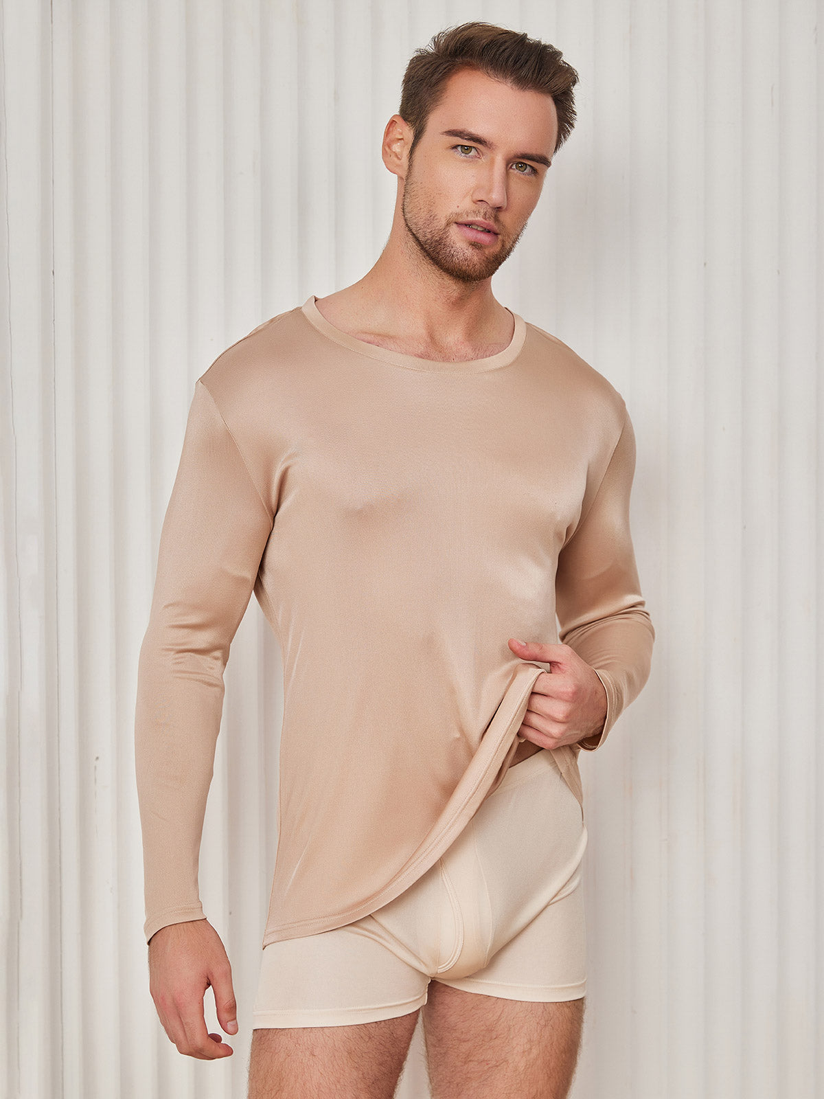 [Beige] SilkSilky-DE Seidenstrick Mens T-Shirt 001