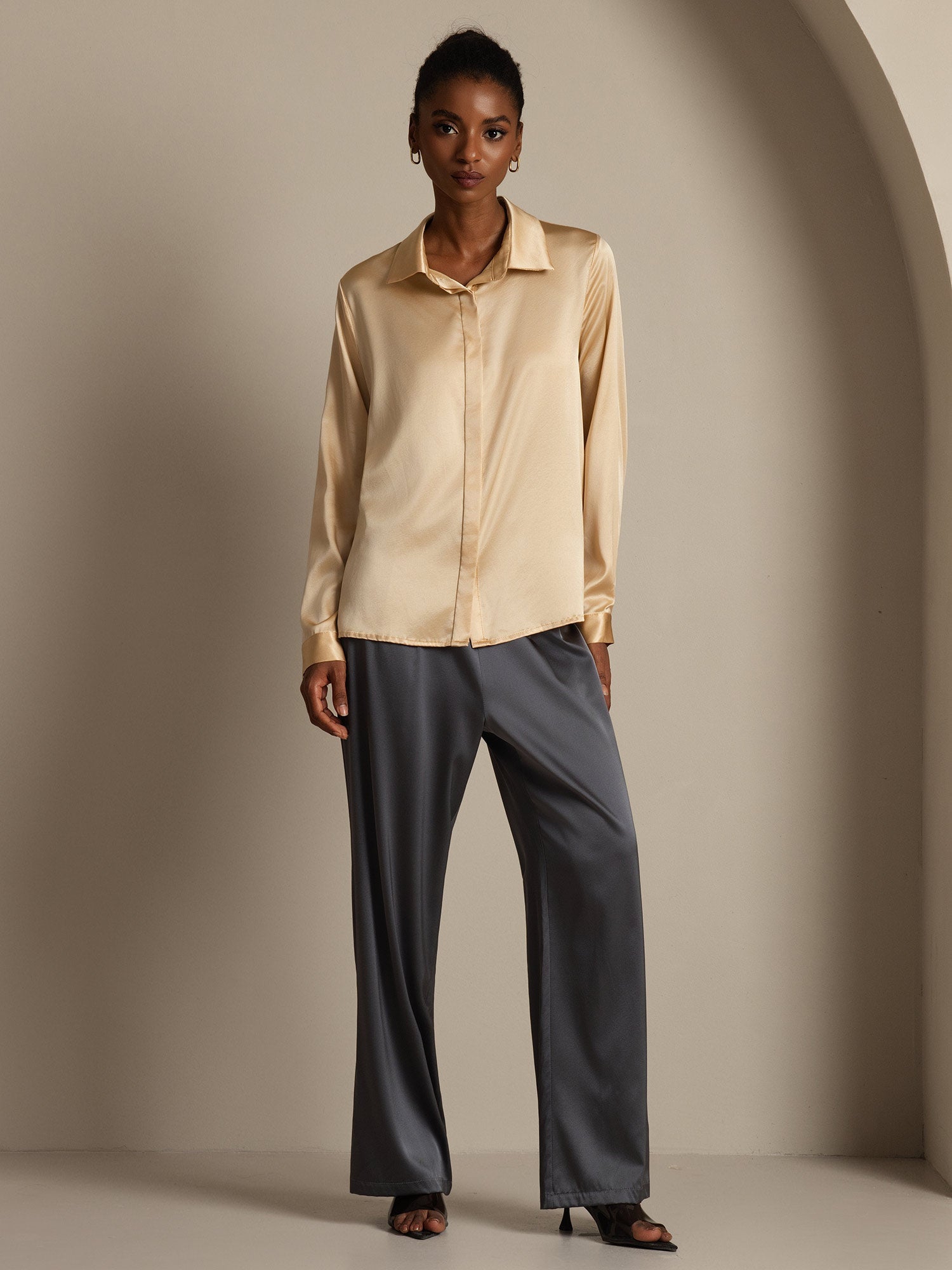 [Champagner] SilkSilky-DE 19Momme Seide Langärmelig Umlegekragen Damenhemd 008