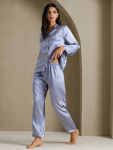[Stahlblau] SilkSilky-DE Long Sleeve Notch-Kragen Damen Pyjamas 007