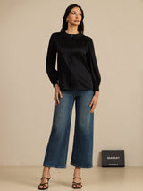 [Schwarz] SilkSilky-DE 19Momme Long Sleeve Round Neck Bluse 005