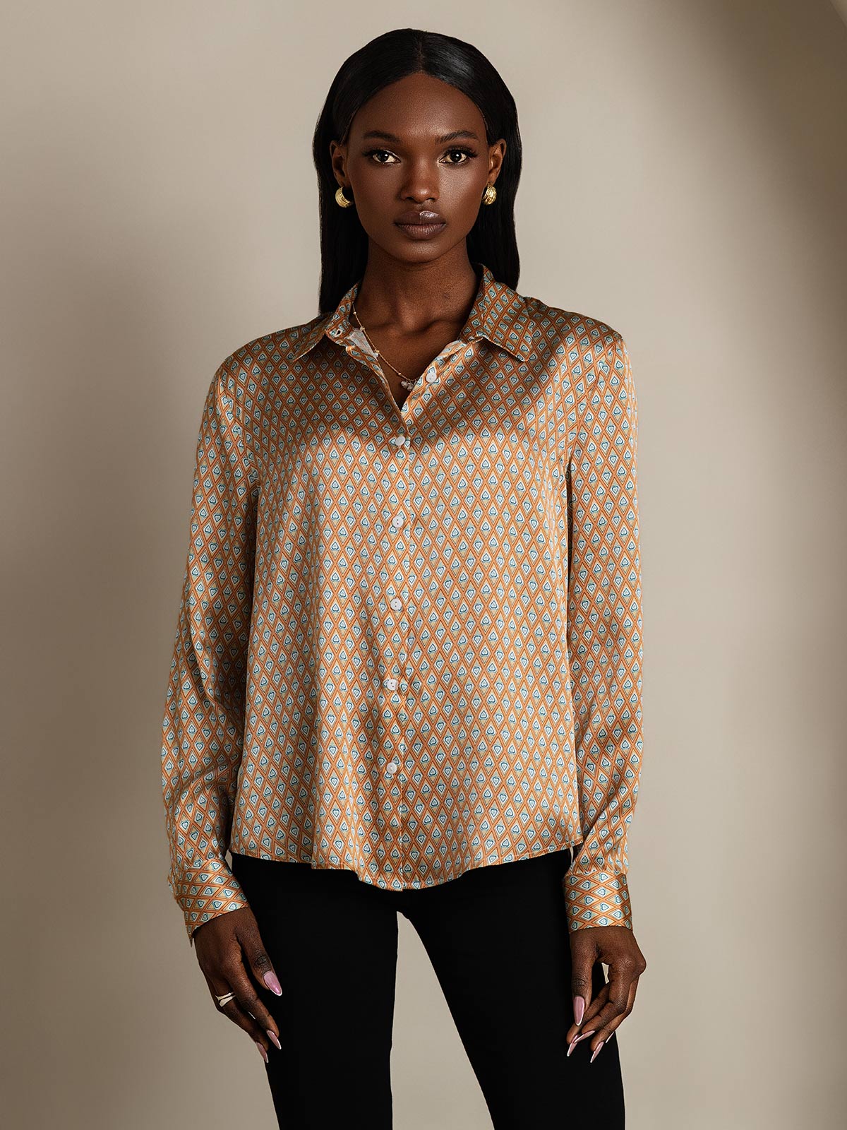 [Floral] SilkSilky-DE Seide Umlegekragen Damenhemd 004
