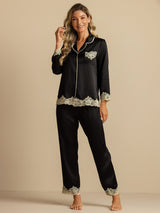 [Schwarz] SilkSilky-DE Langärmelig Damen Pyjamas 003