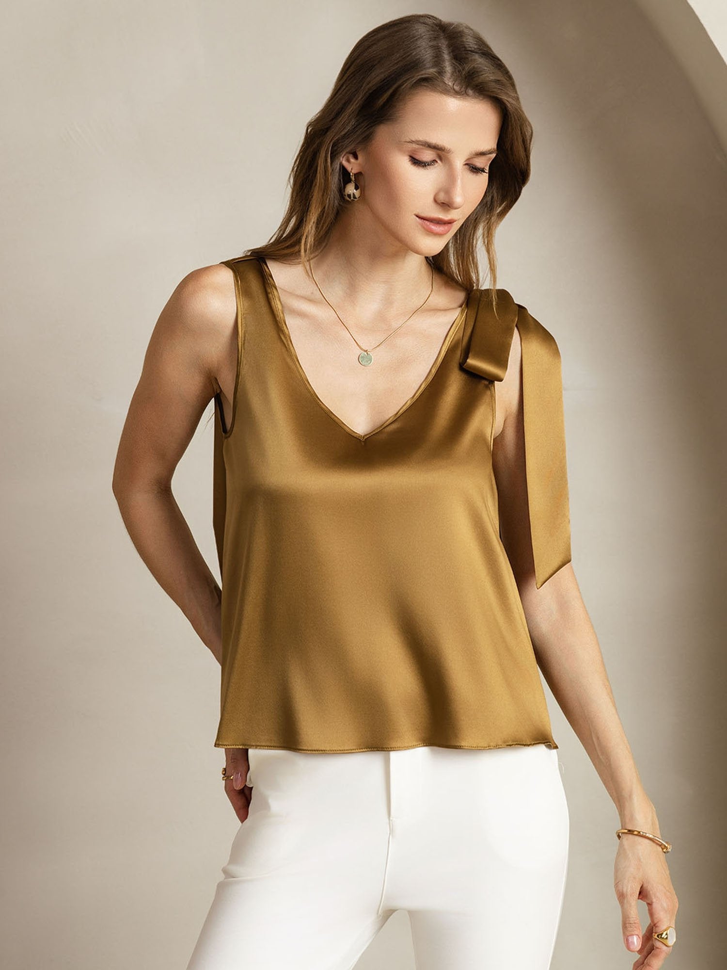 [Bronze] SilkSilky-DE 19Momme Seide V Ausschnitt T-Shirt 001