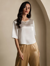 [Weiß] SilkSilky-DE Halblange Ärmel Tiefer Rundhalsausschnitt T-Shirt 005
