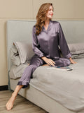 SilkSilky DE Reine Seide Langärmelig Revers Damen Pyjamas LilaGrau 003