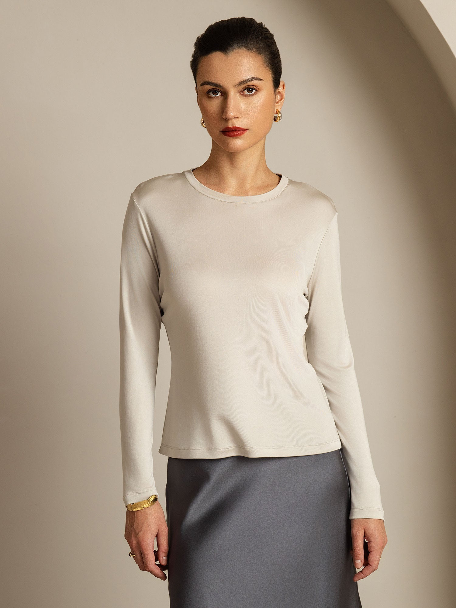 [Grau] SilkSilky-DE Reine Seide Womens T-Shirt 003,