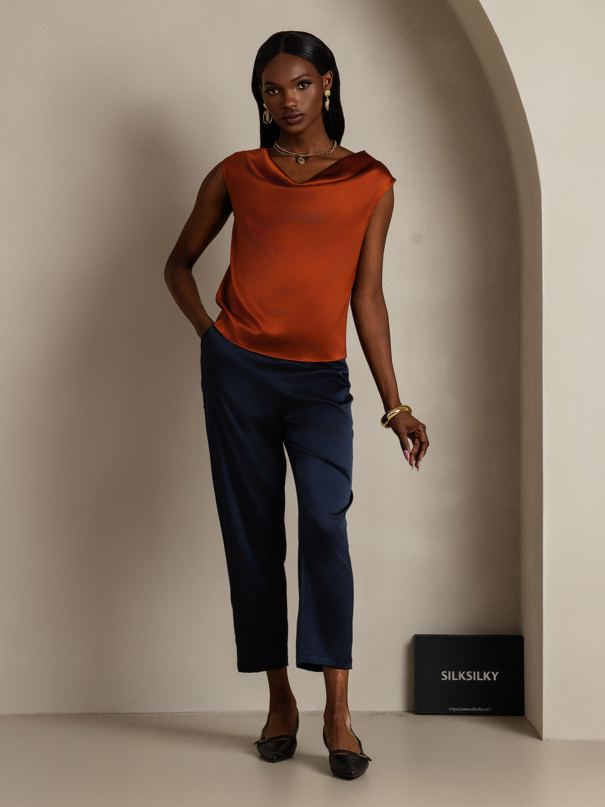 [Karamell] SilkSilky-DE 19Momme Seide Ärmellos Wasserfallausschnitt T-Shirt 007