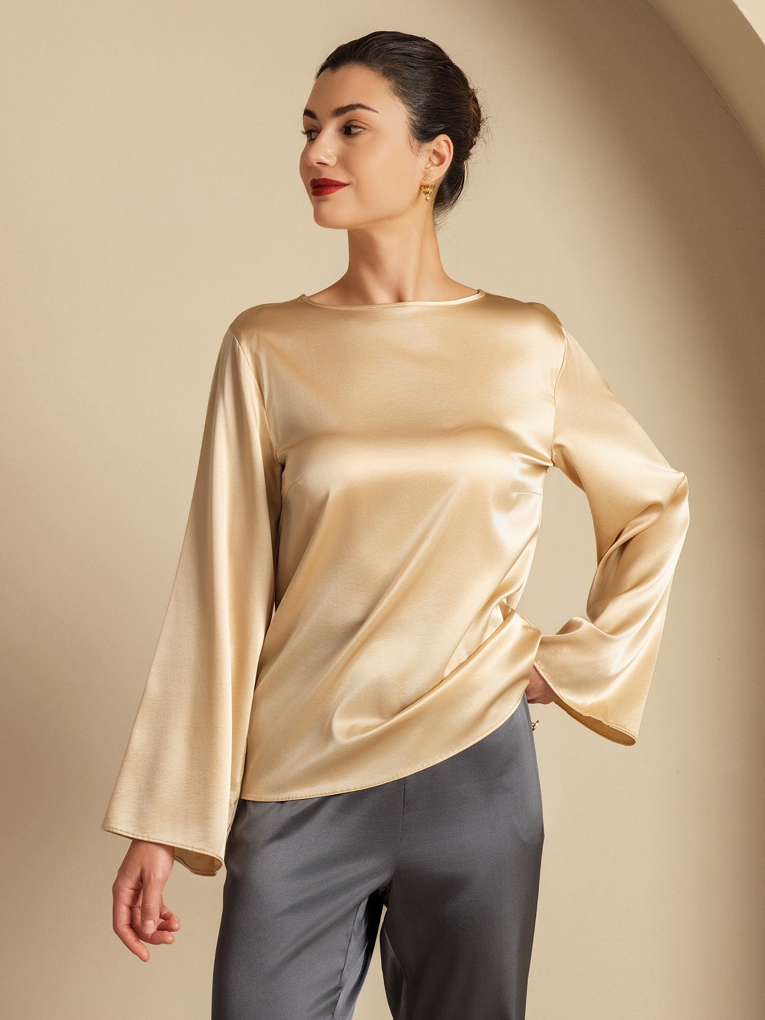 [Champagner] SilkSilky-DE 19Momme Seide Womens T-Shirt 005