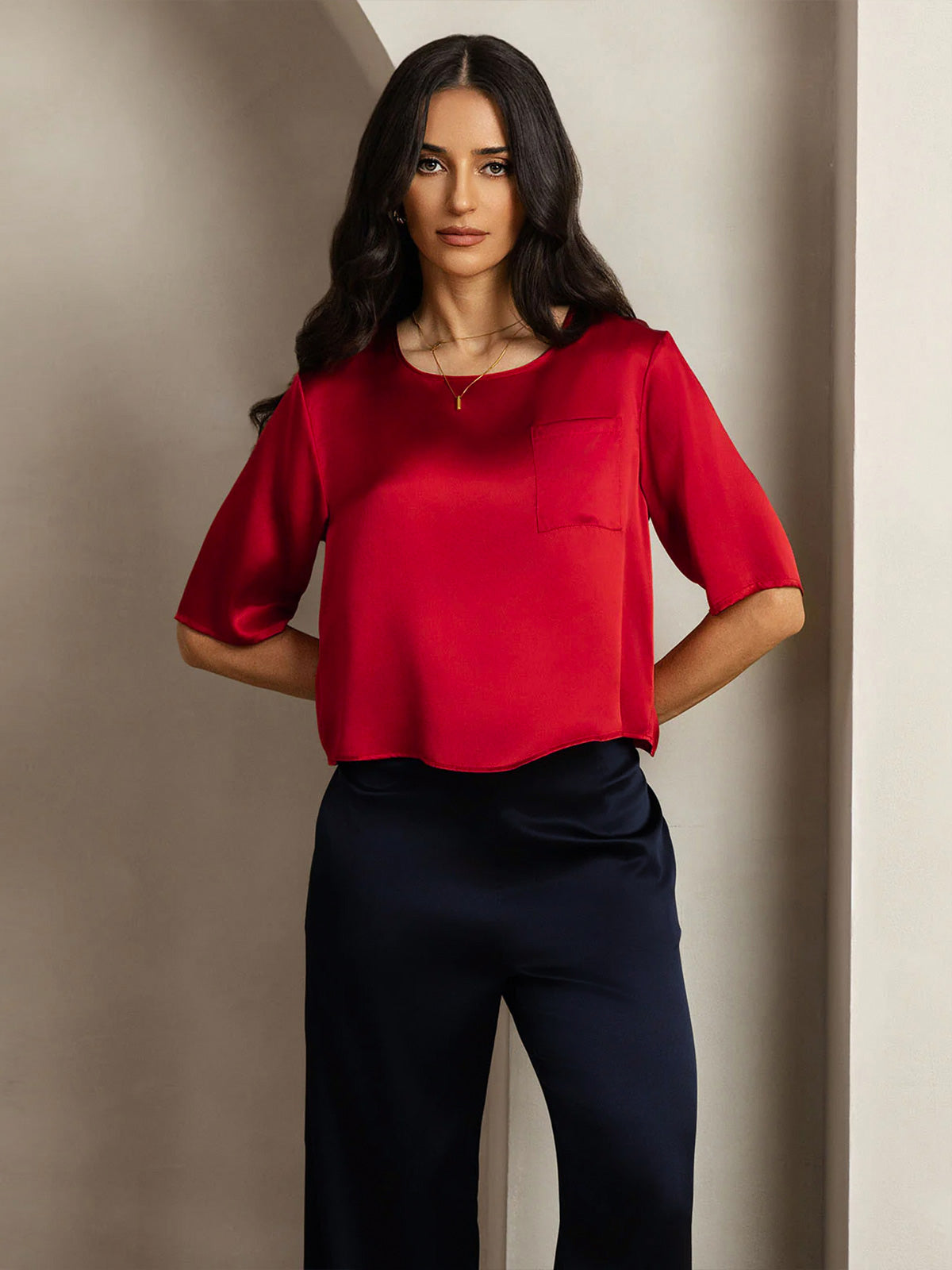 [Dunkelrot] SilkSilky-DE Reine Seide Womens T-Shirt 001