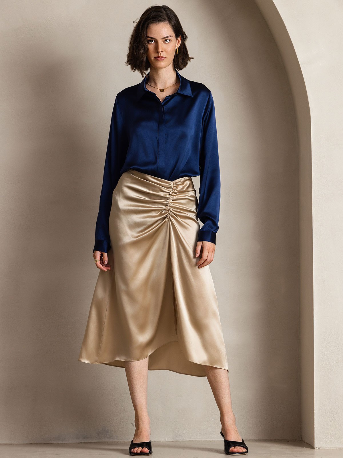 [Dunkelblau] SilkSilky-DE 19Momme Seide Langärmelig Umlegekragen Damenhemd 001