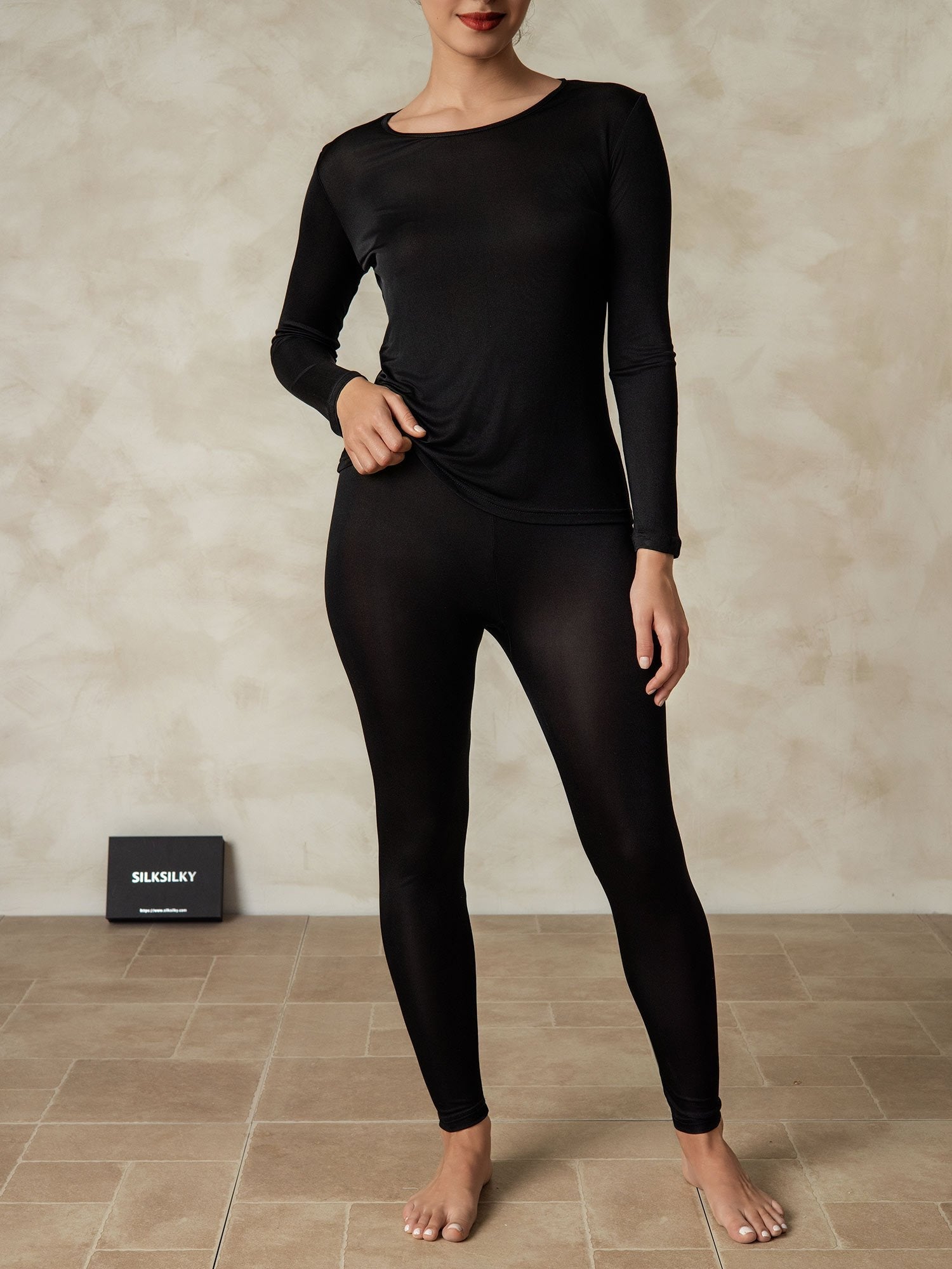 [Schwarz] SilkSilky-DE Long Sleeve Round Neck Damen Lange Unterwäsche 001