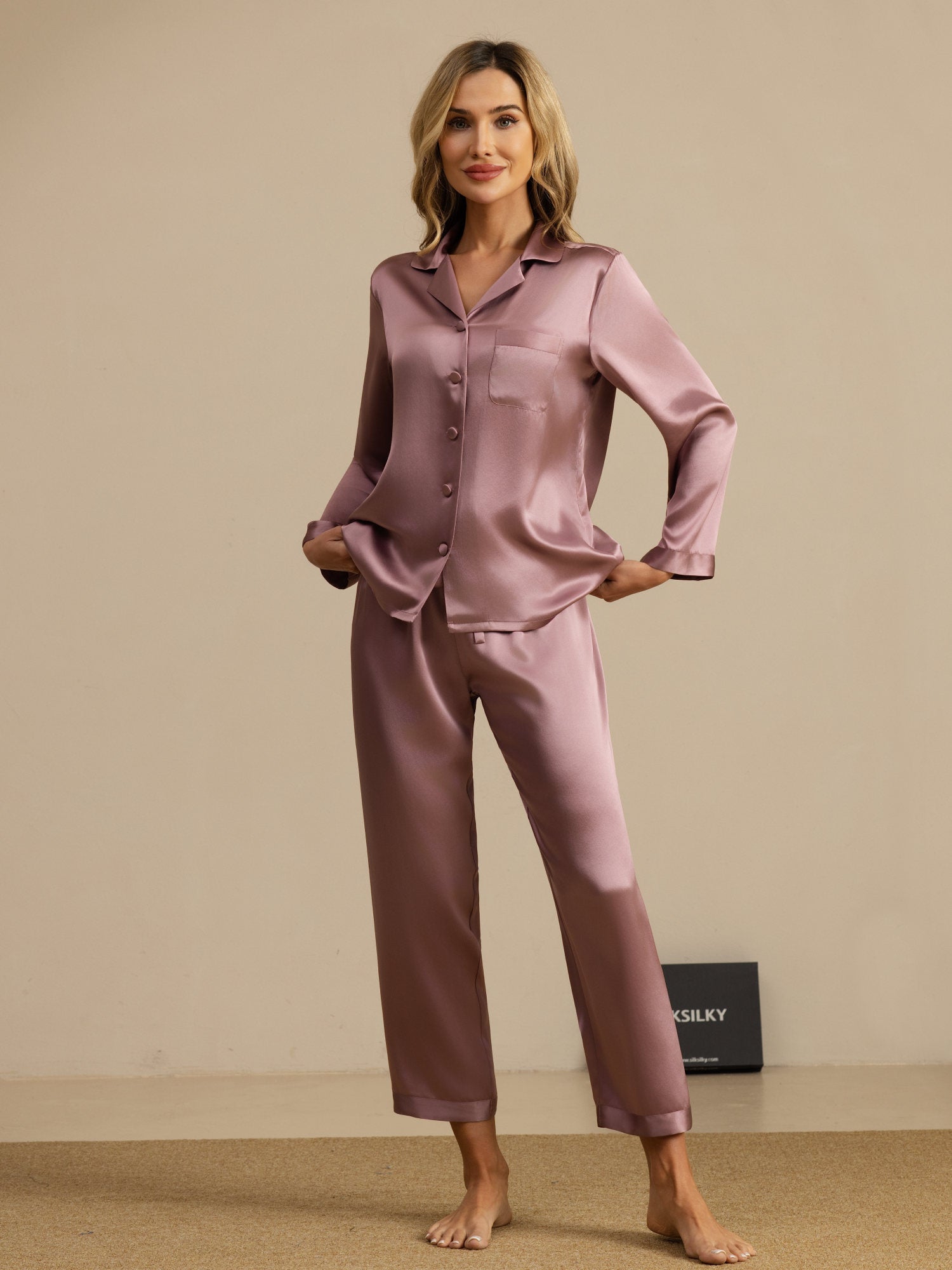 [Blasses Mauve] SilkSilky-DE Langärmelig Notch-Kragen Damen Pyjamas 001