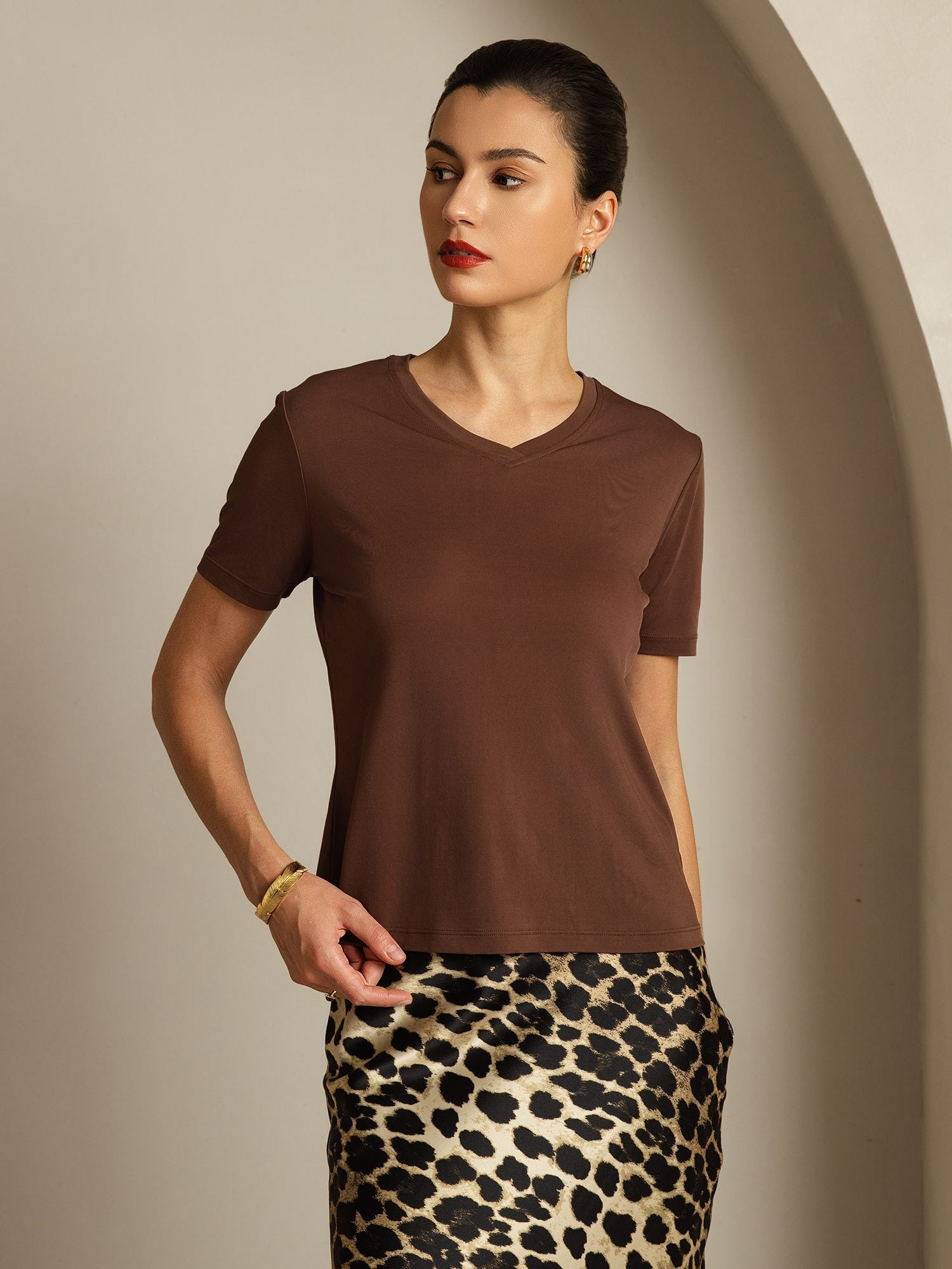 [Kaffee] SilkSilky-DE Reine Seide V Ausschnitt T-Shirt 007
