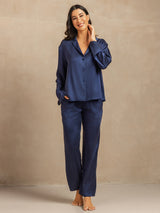 [Dunkelblau] SilkSilky-DE 19Momme Langärmelig Notch-Kragen Damen Pyjamas 003