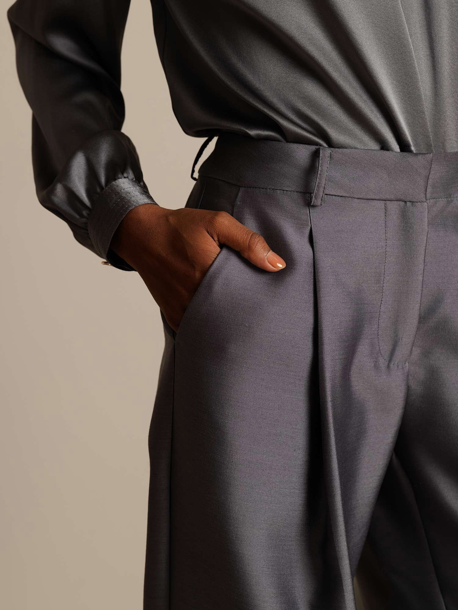 [Grau] SilkSilky-DE 32Momme Silk-Wool Blend Womens Pants 004,