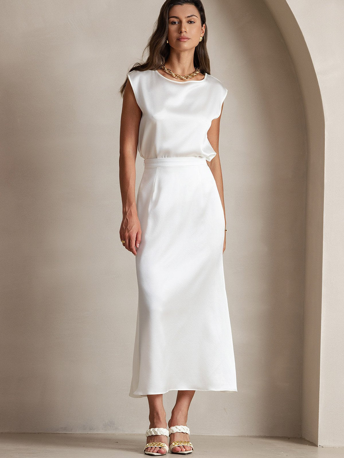 [Weiß] SilkSilky-DE 19Momme Seide Skirt 006