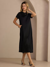 [Schwarz] SilkSilky-DE Short Sleeve Crew Neck Kleider 004