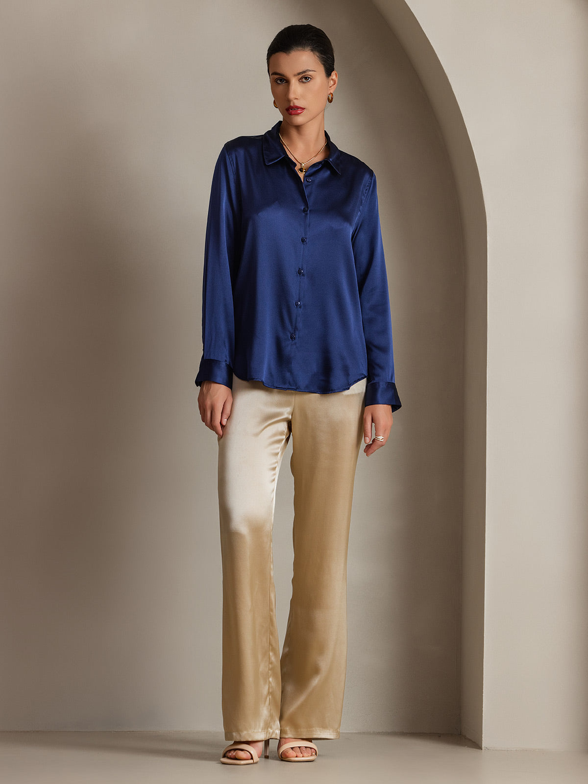 [Dunkelblau] SilkSilky-DE Seide Langärmelig Umlegekragen Damenhemd 004