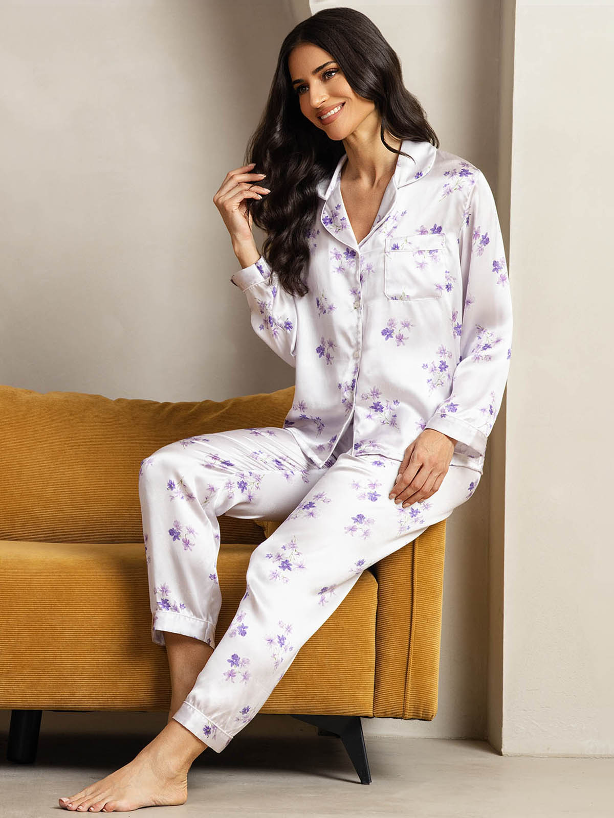 [Fliederblüte] SilkSilky-DE Reine Seide Womens Pajamas 004,