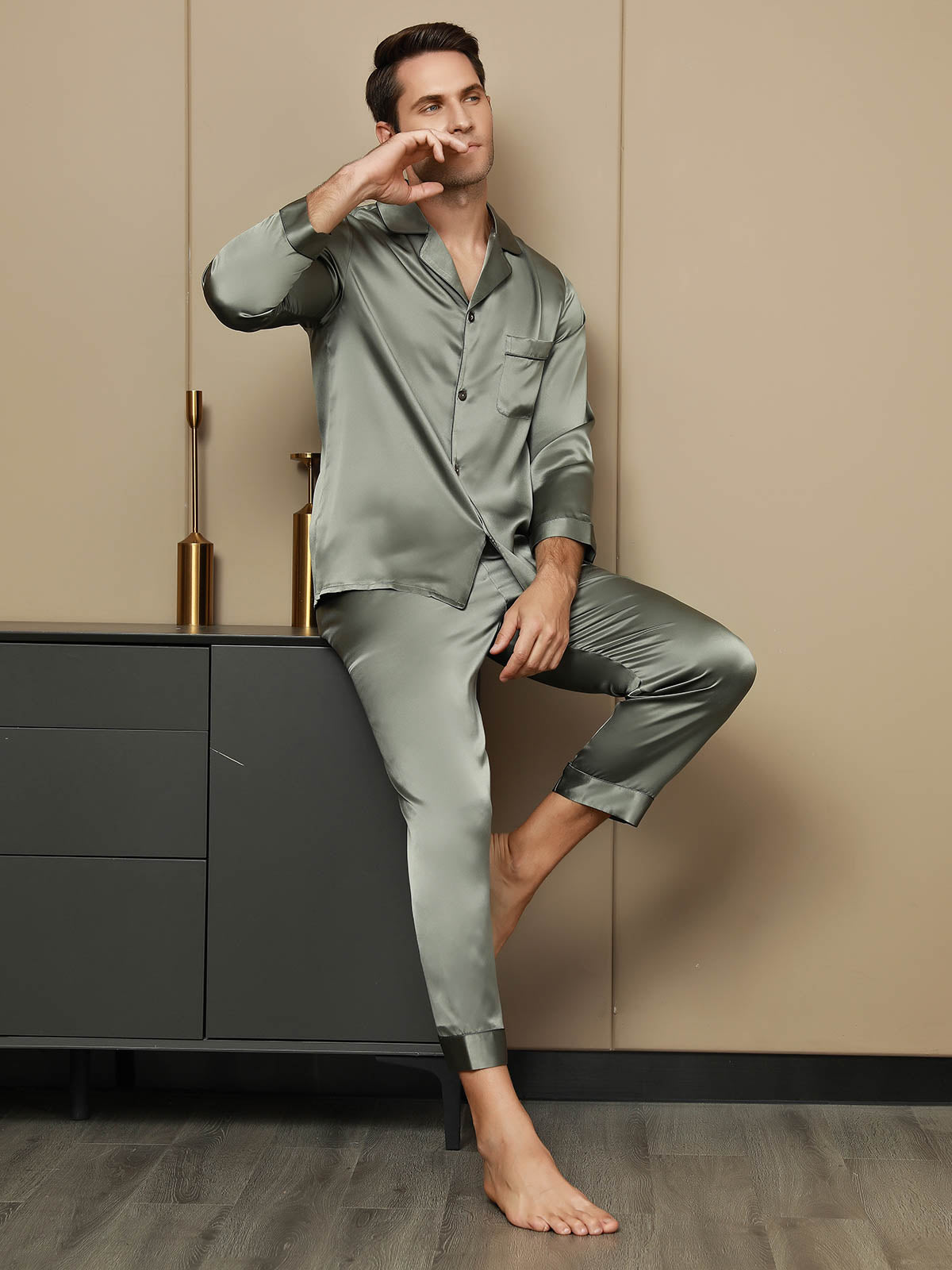 [Graugrün] SilkSilky-DE Reine Seide Mens Pajamas 003