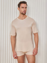 [Beige] SilkSilky-DE Kurzärmelig V Ausschnitt Herren T-Shirt 004