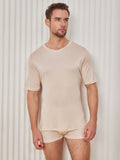 SilkSilky-DE Seidenstrick Kurzärmelig V Ausschnitt Herren T-Shirt Beige 004