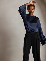 [Dunkelblau] SilkSilky-DE Long Sleeve Boat Neck Bluse 005