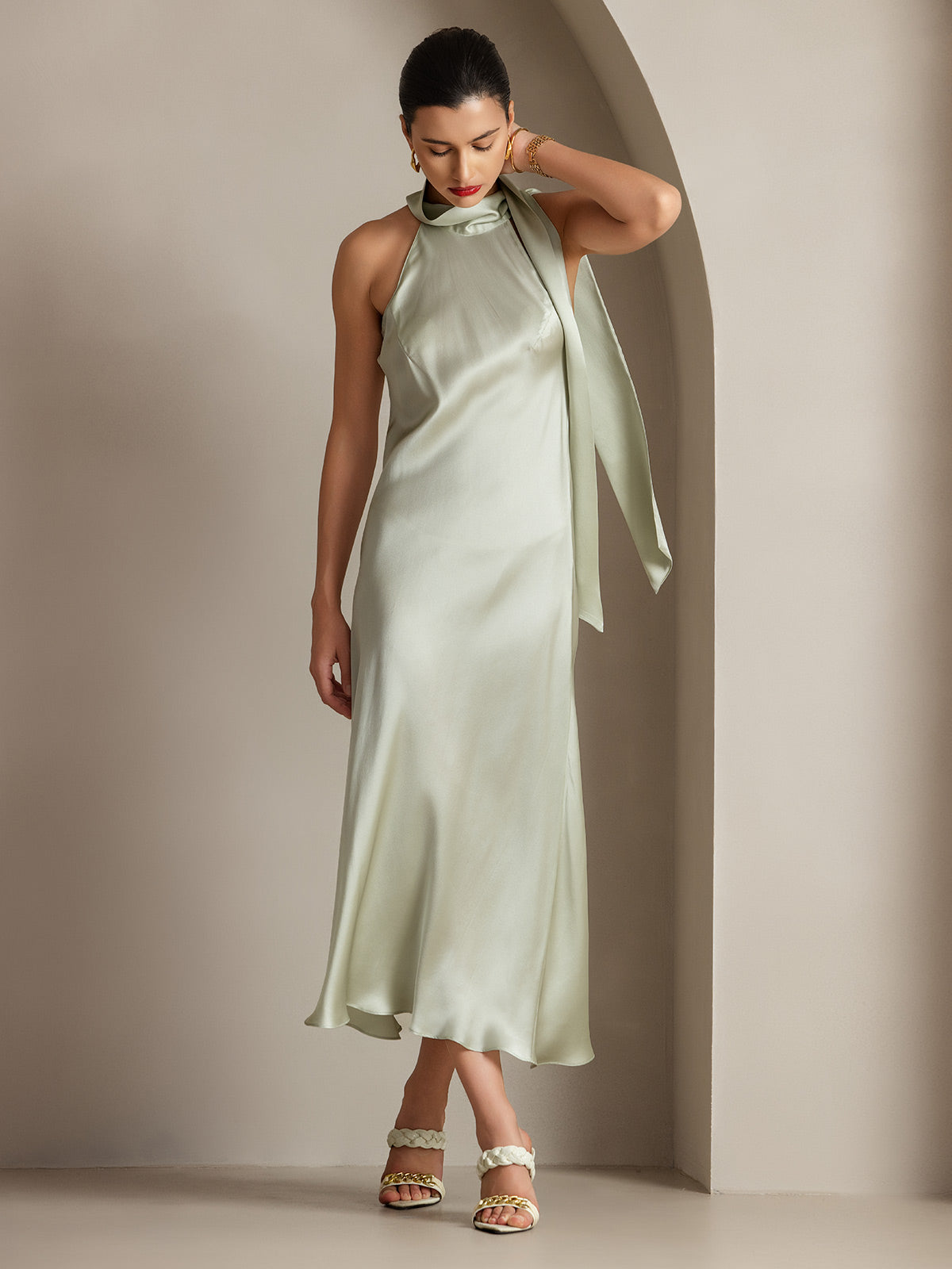 [Hellgrün] SilkSilky-DE 19Momme Seide Dress 005