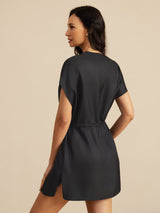 [Schwarz] SilkSilky-DE 18Momme Kappenärmel Henley-Ausschnitt Kleider 002