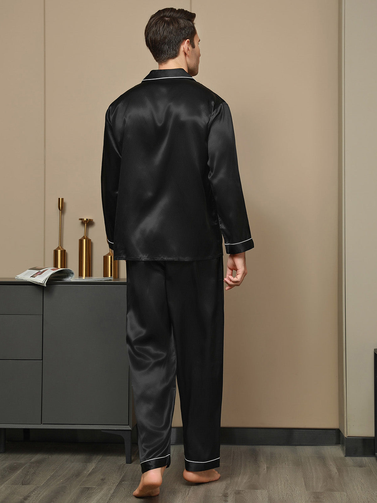[Schwarz] SilkSilky-DE Long Sleeve Notch-Kragen Herren Pyjamas 002