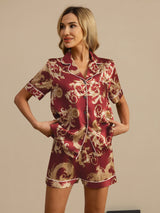 [Weinroter Drache] SilkSilky-DE Kurzärmelig Notch-Kragen Damen Pyjamas 003