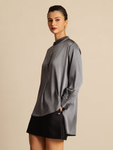 [Dunkelgrau] SilkSilky-DE 19Momme Langärmelig Stehkragen Bluse 006
