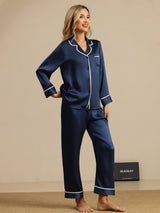 [Dunkelblau] SilkSilky-DE Langärmelig Notch-Kragen Damen Pyjamas 007