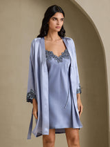 [Stahlblau] SilkSilky-DE 3/4 Sleeve V Neck Nachthemd&Morgenmantel Set 003