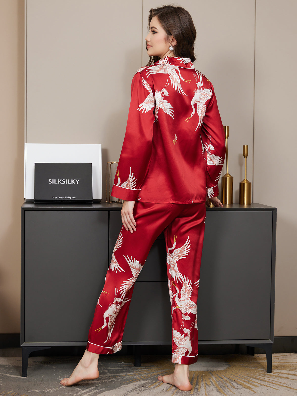 [Dunkelrot] SilkSilky-DE 19Momme Langärmelig Notch-Kragen Damen Pyjamas 006