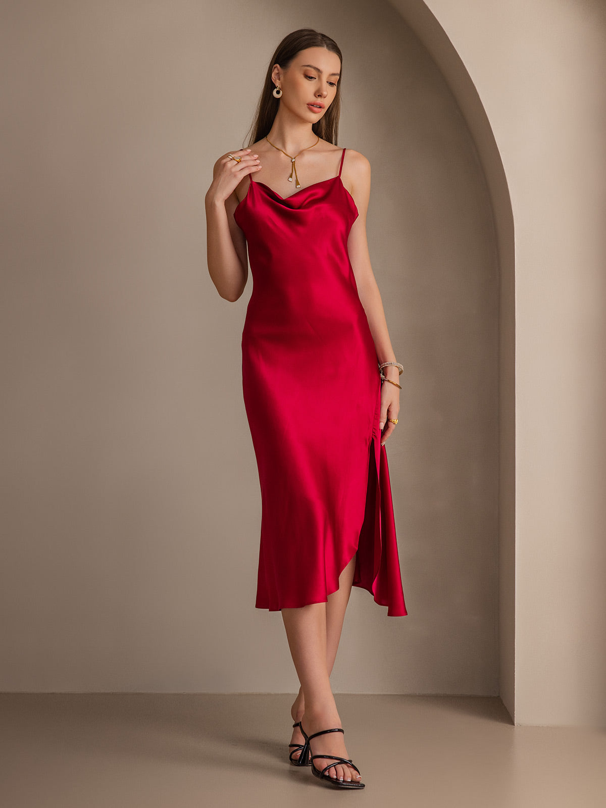 [Rotwein] SilkSilky-DE 19Momme Reine Seide Dress 005