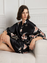 [Schwarz] SilkSilky-DE 19Momme 3/4-lange Ärmel Damen Morgenmantel 004