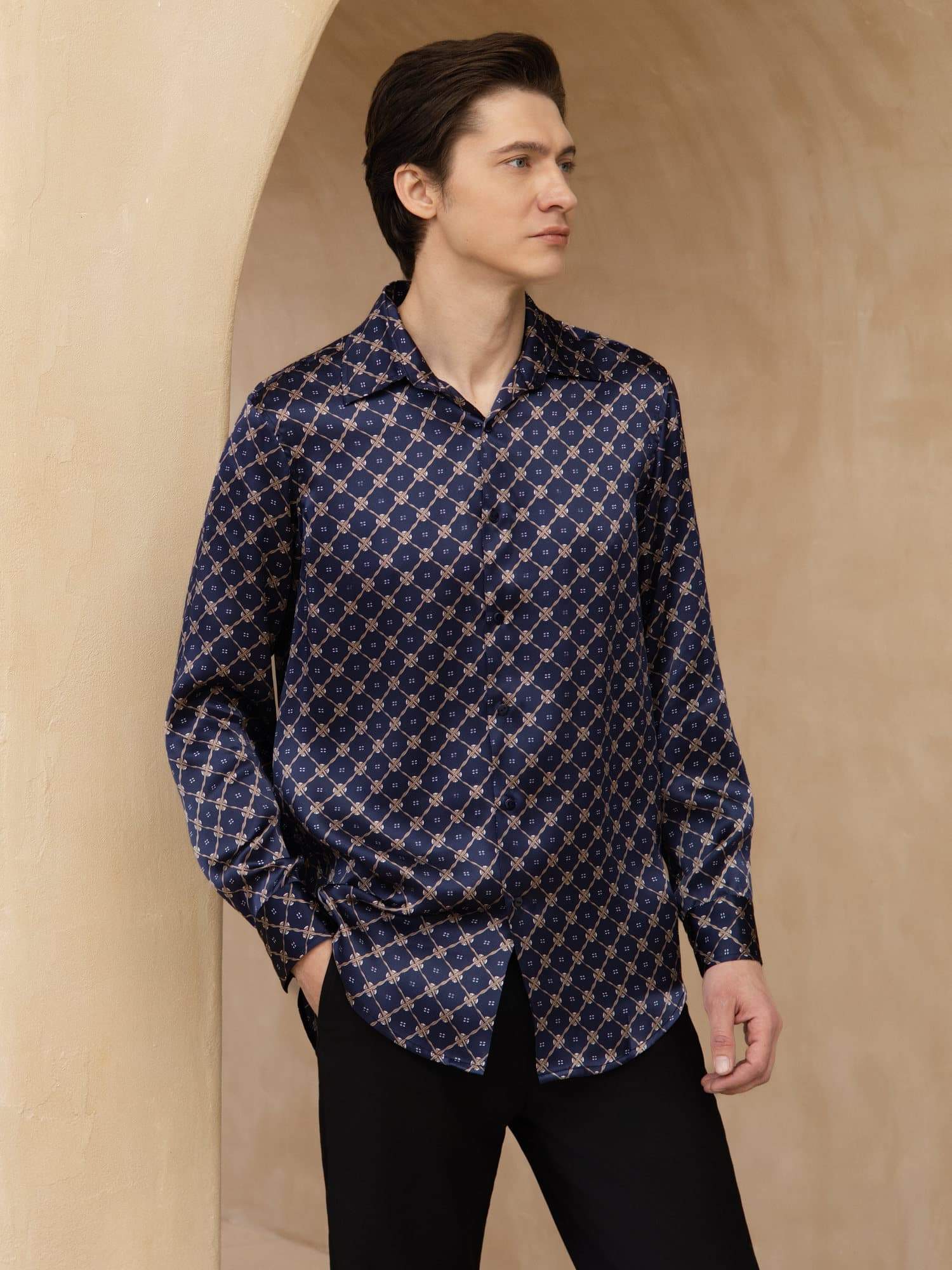 [Marine Kette] SilkSilky-DE Langärmelig Lapelkragen Herrenhemd 001