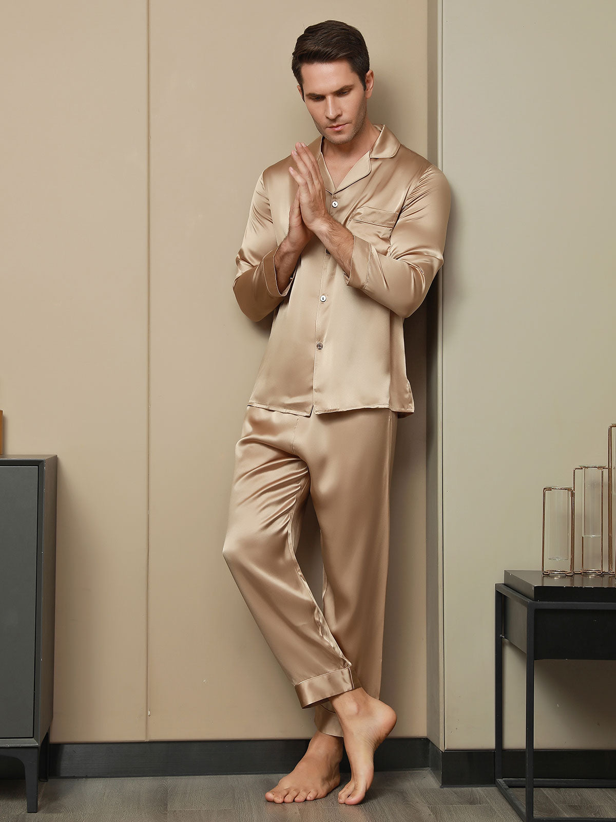 [Champagner] SilkSilky-DE Reine Seide Mens Pajamas 003