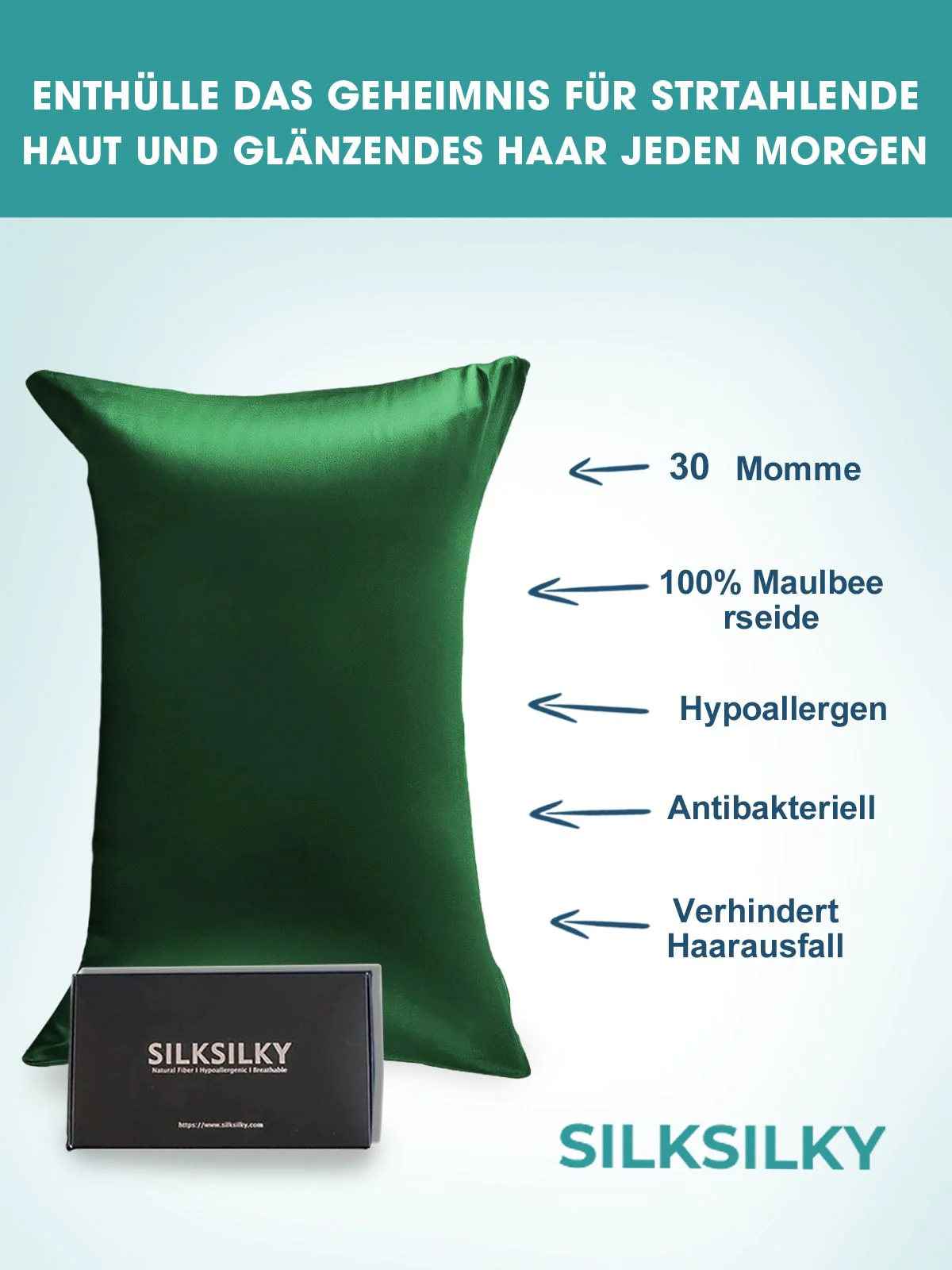 SilkSilky DE 30Momme Reine Seide Pillowcase Dunkelgrün 003